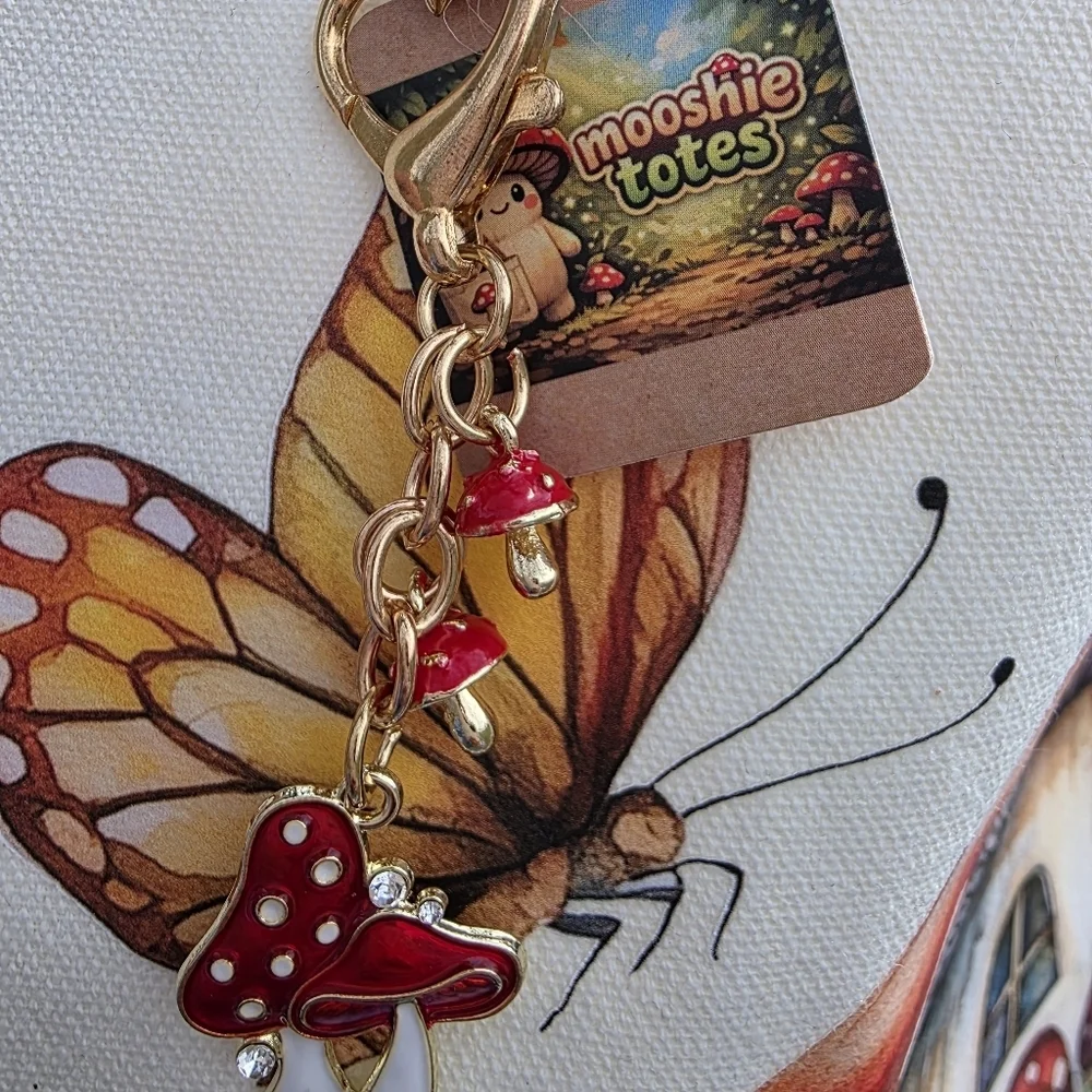 Mooshie Tote + Keychain   Mushroom Cottage Canvas Tote Bag 13x15 NWT